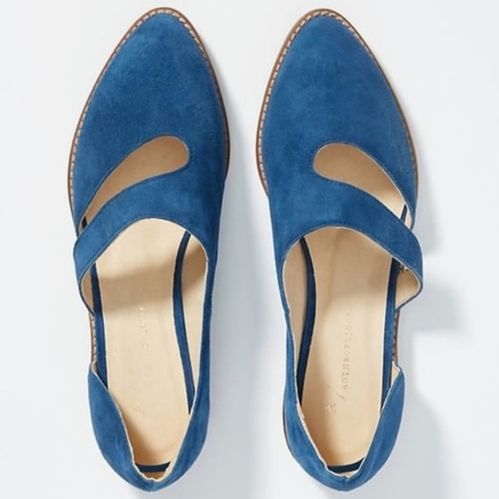 Anthropologie Cobalt Blue Suede Leather Cut Out Flats Made in Spain Size 8